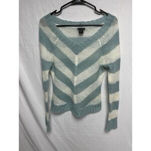 Heart Moon Star Vintage Y2K Sweater V-Neck Open Knit White Blue Striped Sz-M
